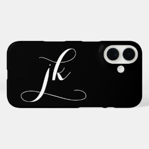 Modern Black White Script Monogram Name iPhone 16 Case