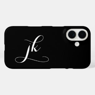 Modern Black White Script Monogram Name iPhone 16 Case