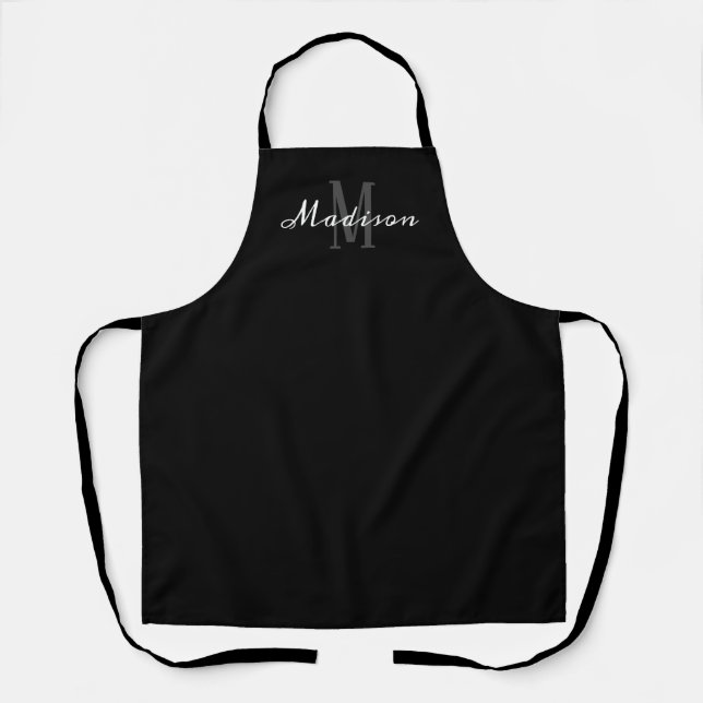 Modern Black White Script Monogram Personalised Apron (Front)
