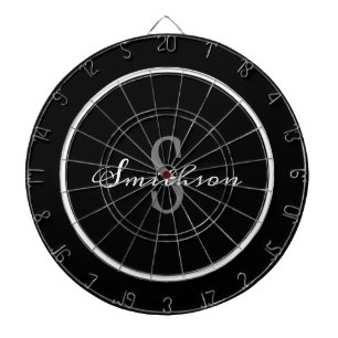 Modern Black White Script Monogram Personalised Dartboard