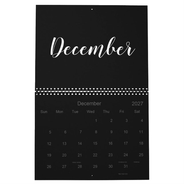 Modern black white script month minimalist custom calendar (Dec 2027)