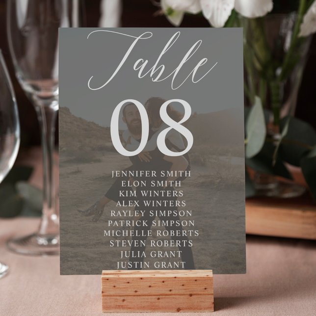 Modern black white script names photos wedding table number (Modern black white script names photos wedding table number)