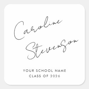 Modern Black White Script Personalised Graduation Square Sticker
