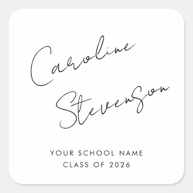 Modern Black White Script Personalised Graduation Square Sticker (Front)