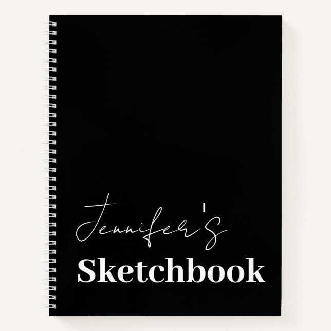 Modern Black White Script Personalised Sketchbook Notebook (Front)