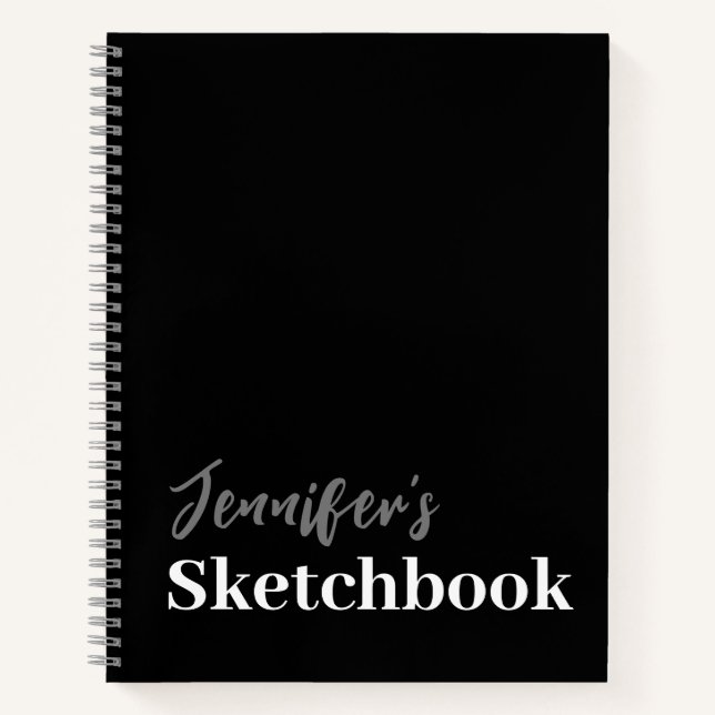 Modern Black White Script Personalised Sketchbook Notebook (Front)