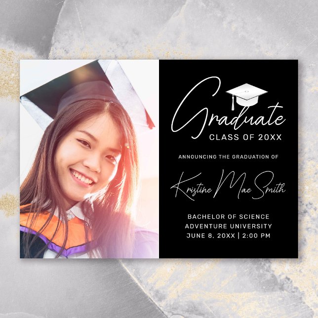 Modern Black White Script Photo College Graduation Announcement (Modern Black White Script Photo College Graduation Announcement)
