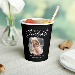 Modern black white script photo elegant graduation paper cups