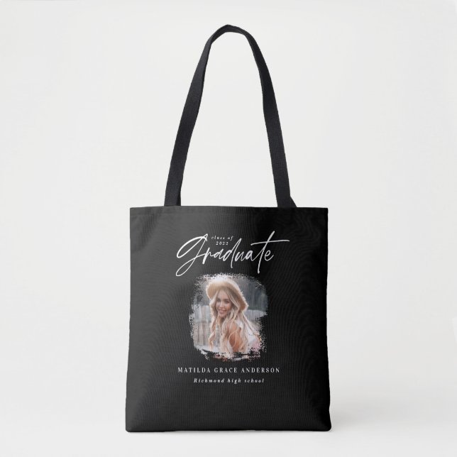 Modern black white script photo elegant graduation tote bag (Front)