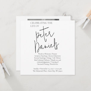 Modern Black & White Script Photo Funeral Card