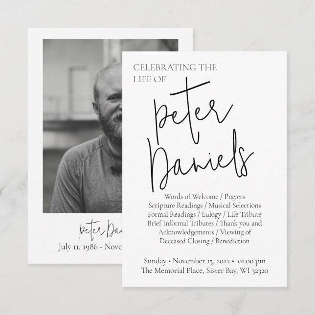 Modern Black & White Script Photo Funeral Program (Front/Back)