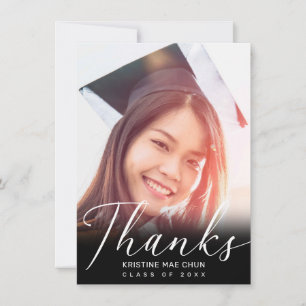 Modern Black White Script Photo Graduation Thank You Card