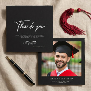 Modern Black White Script Photo Graduation  Thank You Card