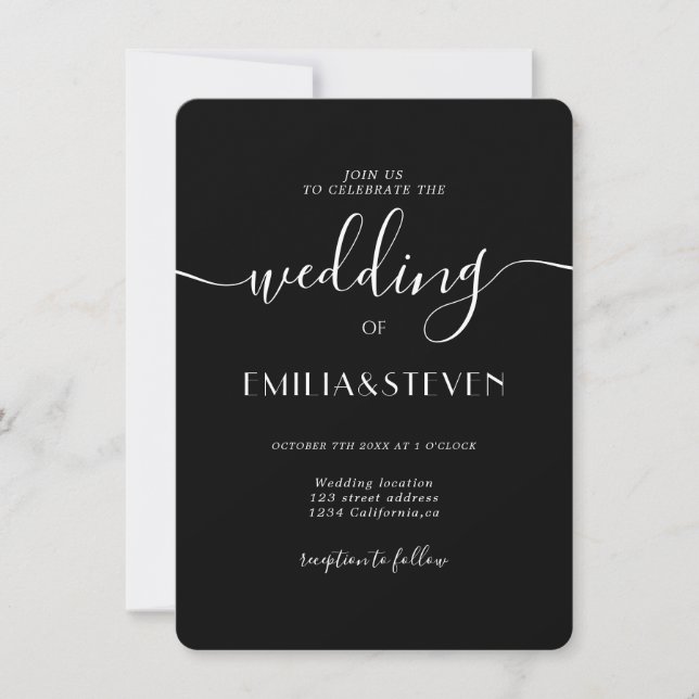 Modern black white script photo initials wedding invitation (Front)