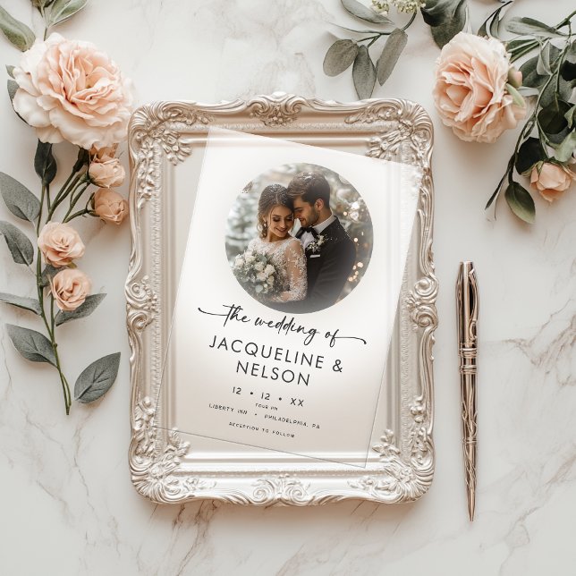 Modern Black White Script Photo Minimal Wedding Acrylic Invitations (Creator Uploaded)