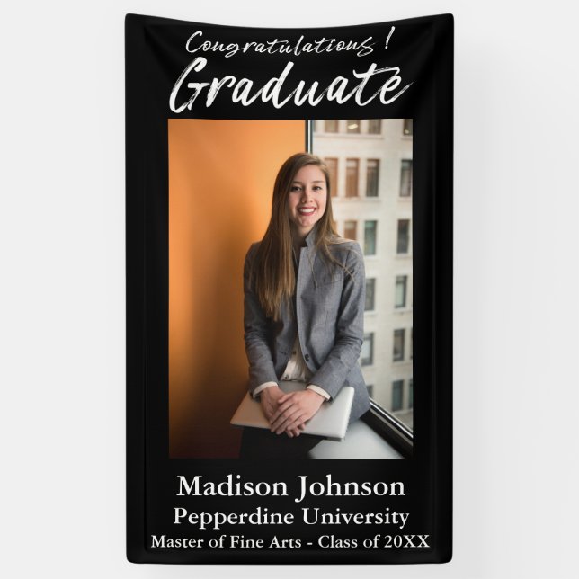 Modern Black White Script Vertical Photo Graduate  Banner (Vertical)