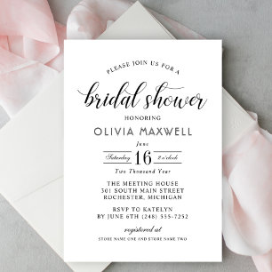 Modern Black White Script Wedding Bridal Shower Invitation