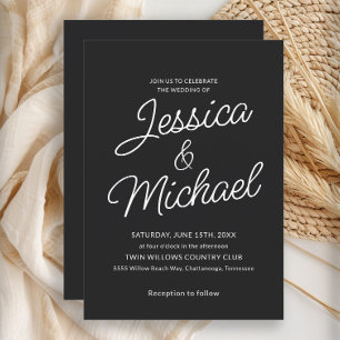 Modern Black White Script Wedding  Invitation