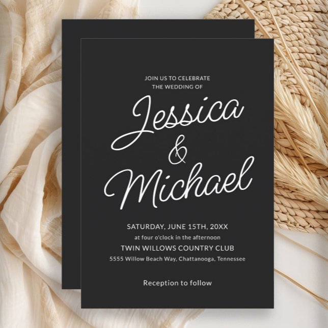 Modern Black White Script Wedding  Invitation (Black and white wedding invitation)