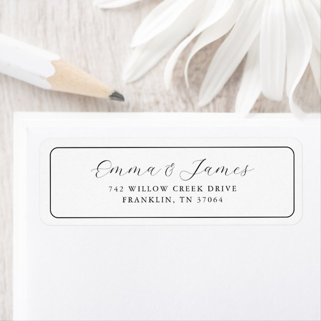 Modern Black & White Script Wedding Return Address Label (Insitu)
