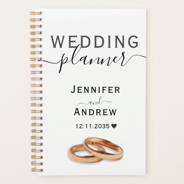 Modern Black & White Script with Rings Wedding Planner (Front)