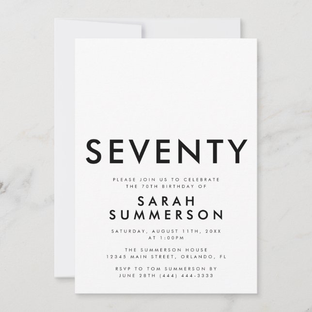 Modern Black White Seventy 70th Birthday Party Invitation (Front)