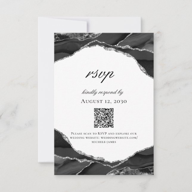 Modern Black White Silver Foil Agate Wedding RSVP Card (Front)