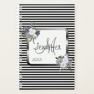 Modern Black White Silver  Monogram Personalise Planner
