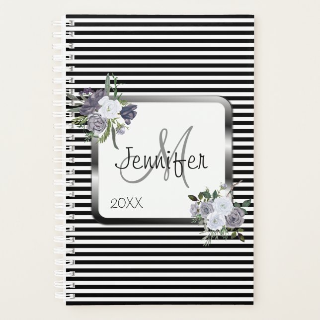 Modern Black White Silver  Monogram Personalise Planner (Front)