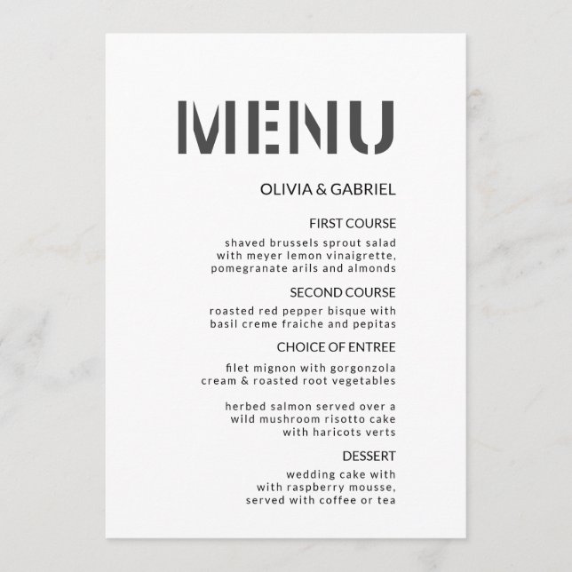 Modern black white simple classic Wedding Menu (Front)