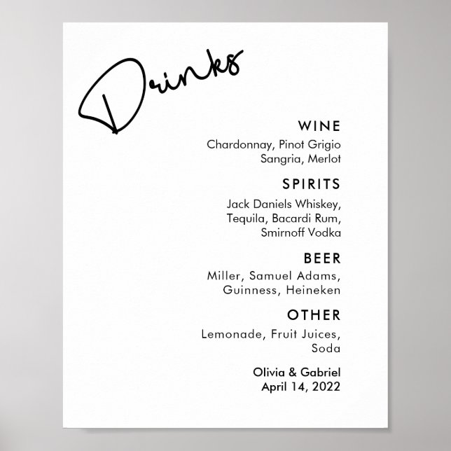 Modern Black white Simple formal wedding bar menu Poster (Front)