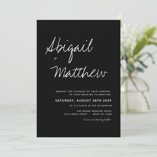 Modern Black White Simple Handwriting Boho Wedding Invitation (Standing Front)