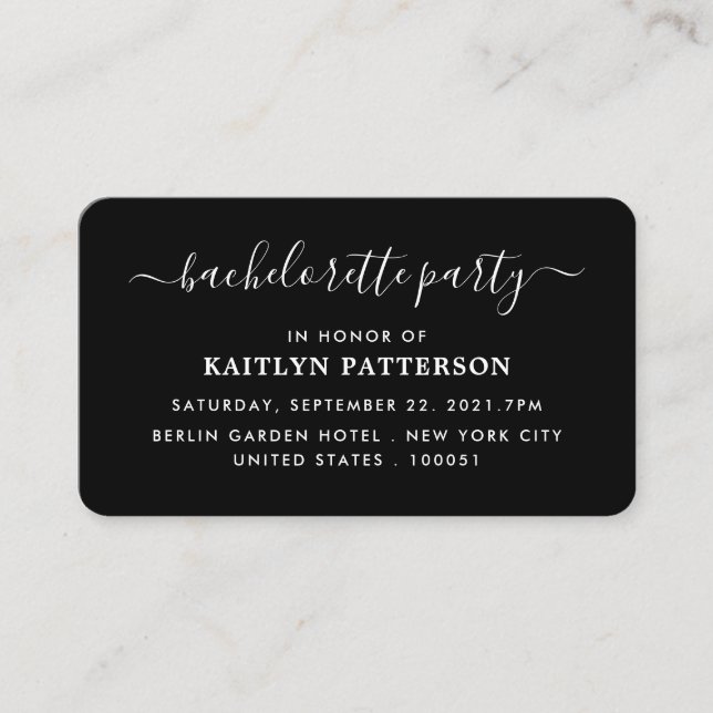 Modern Black & White Simple Script Bachelorette Enclosure Card (Front)