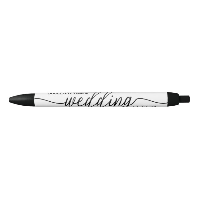 Modern Black & White Simple Script Wedding Favor Black Ink Pen (Front)