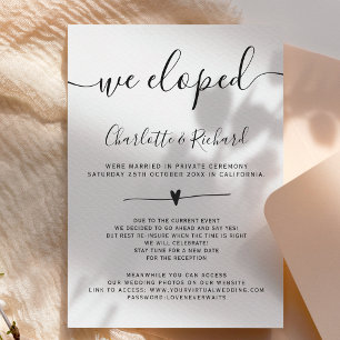 Modern black white simple we eloped wedding photo announcement