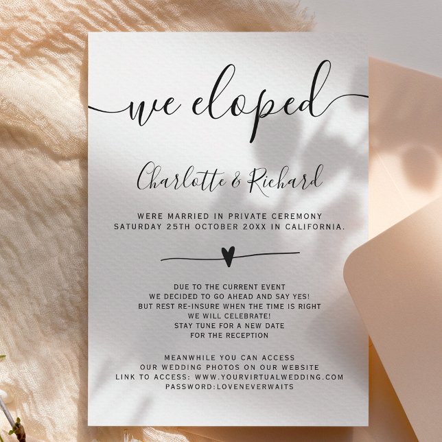 Modern black white simple we eloped wedding photo announcement (Creator Uploaded)