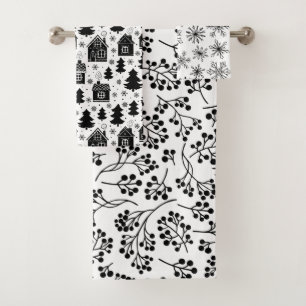 Modern Black White Snowflakes Berries Ginger Bread Bath Towel Set