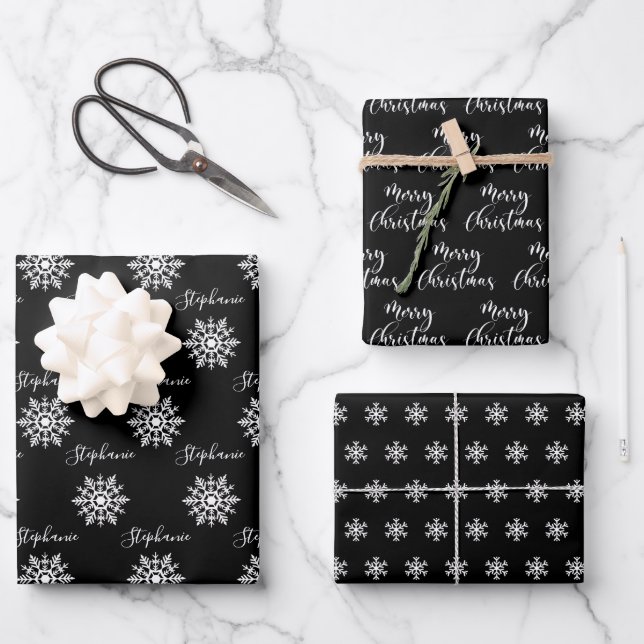 Modern Black White Snowflakes, Merry Christmas Wrapping Paper Sheet (Front)