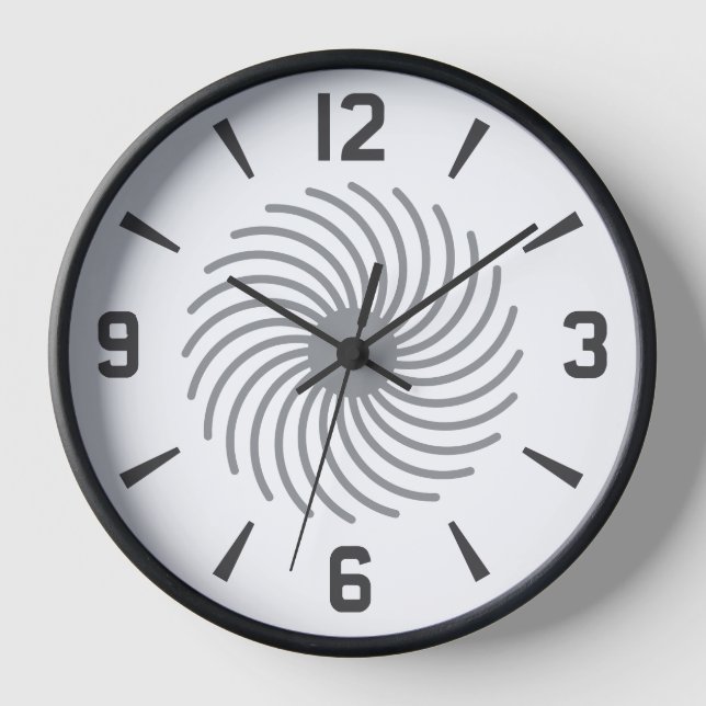 Modern Black & White Spiral Geometric Pattern Clock (Front)