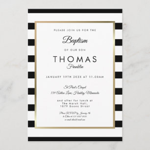 Modern Black White Stripe Baptism Christening Invitation