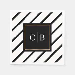 Modern Black White Stripe Gold Monogram Wedding Napkin