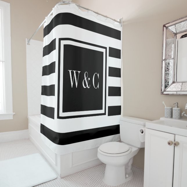 Modern Black White Stripe Trendy Monogram Shower Curtain (In Situ)