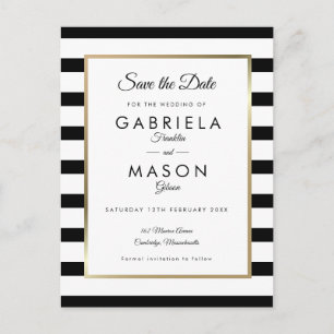 Modern Black White Stripe Wedding Save the Date Postcard