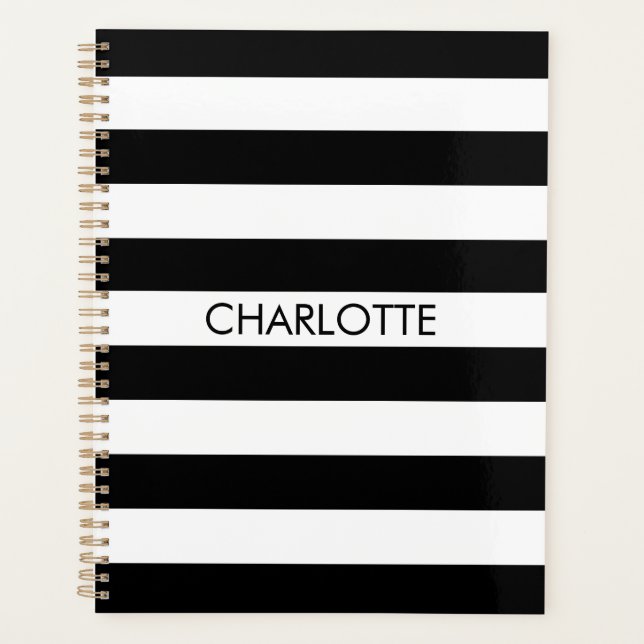 Modern black white striped custom name monogram planner (Front)