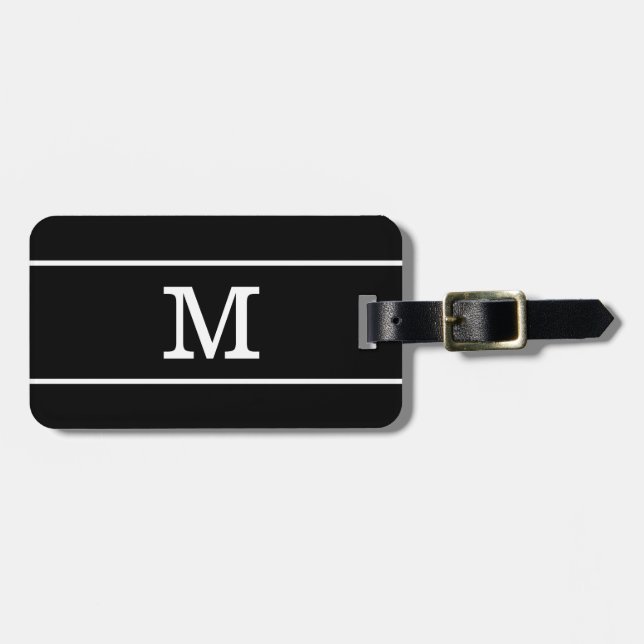 Modern Black White Striped Monogram Luggage Tag (Front Horizontal)