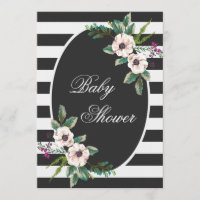 Modern Black White Stripes Floral Baby Shower