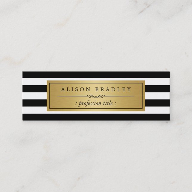 Modern Black White Stripes Gold Label Mini Card (Front)