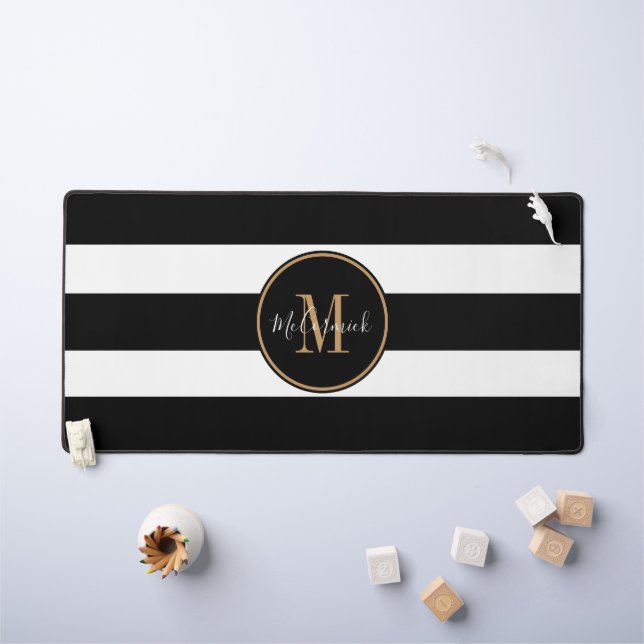 Modern Black White Stripes Gold Monogram Name Desk Mat (Kids Table)