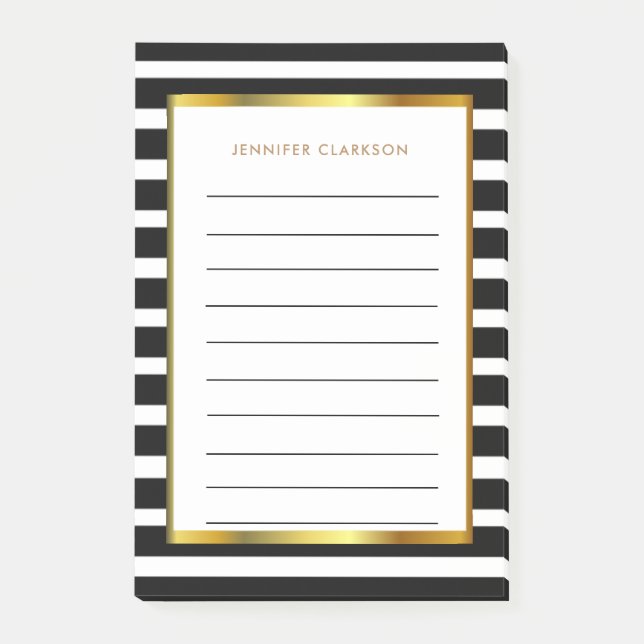 Modern black white stripes gold personalised post- post-it notes (Front)