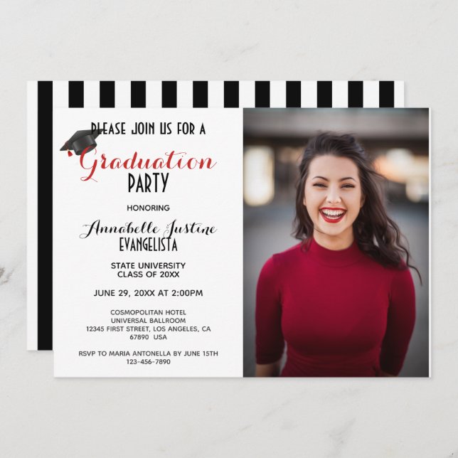 Modern Black & White Stripes Graduation Invitation (Front/Back)